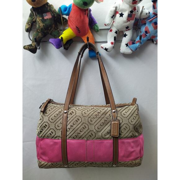 Coach Signature Brown Canvas Pink Strip Double Handles Zipper Satchel Bag - Picture 1 of 16